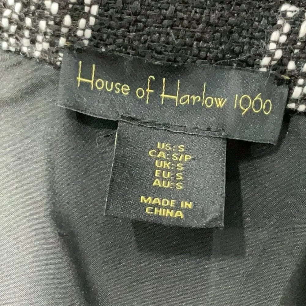 House of Harlowe 1960 black white plaid fringe trim shacket jacket size S - Picture 7 of 7